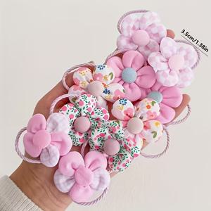 TEMU 10개 여아용 플로럴 헤어 세트 - 파스텔 핑크 & 꽃 모양 헤어 밴드 (리본 & 보우 헤어 타이 포함), 부드럽고 손상 없는 탄성 헤어 타이 (일상 및 특별한 날용), 튼튼한 헤어 타이, 헤어타이, 리본핀, 집게핀, 머리띠