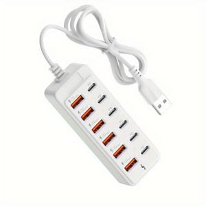 TEMU 12포트 USB 고속 충전 - 66W PD 전원 어댑터, 6개 USB-C 6W-50W PD 및 6개 USB-A 30W 포트, 컴팩트 플랫 데스크탑 충전 허브, 노트북, 태블릿, 스마트폰, 스마트워치 호환, 과부하 보호, 사무실/게이밍 설정에 이상적, 작업 공간 액세서리,공간 절약형 충전기,고속 충전 허브,멀티포트 충전기,사무 전문가,기술 애호가