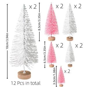 TEMU 12개 미니 인조 병솔 크리스마스 트리 세트 - 핑크 & 화이트 빈티지 스타일 플라스틱 테이블탑 장식, 층층이 가지 DIY 디스플레이, 파티 데코, 선물 토퍼 & 센터피스 (필요 없음), 크리스마스 장식