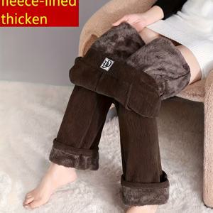 TEMU 여성용 하이웨이스트 두꺼운 플러시 팬츠 - 겨울 따뜻함, 레그 플레어 트라우저, 사이드 포켓, 단색 캐주얼 팬츠 (가을/겨울), 아늑한 홈웨어 & 외출복 (손세탁 가능), 겨울 바지, 시즌 의류, 부드러운 질감, 따뜻한 소재|냉장고바지|바지