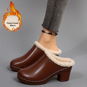 TEMU 여성용 겨울 따뜻한 플리스 안감 슬립온 무울 - 포근한 브라운 둥근 발가락 신발, 플러시 안감, PU 커버 갑피 & 쿠션 깔창, 캐주얼 & 포멀 의상용 블록 힐, 편안한 신발, 스타일리시 슬립온, 오피스 웨어, 圆脚, 여성용 슬립온, 플러스안감, PU커버