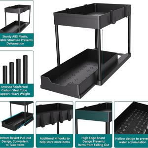 TEMU 2단 풀아웃 욕실 및 주방 선반 - 캐스터 장착, 공간 절약형 확장 가능 스토리지 랙, 내구성 강한 대용량 서랍장 - 싱크대, 찬장, 카운터탑에 적합 - 세척 쉬운 화이트 플라스틱 디자인, 스탠딩 선반, 캐비닛 정리함,컴팩트 디자인,모던 오거나이저,부드러운 회전 바퀴,조절 가능한 선반,작은 공간 생활