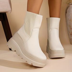 TEMU 여성용 겨울 슬립온 청키 플랫폼 앵클 부츠, 두꺼운 TPR 밑창 & 인조 소재 - 라운드 토 로우컷 힐 (베이지//블랙) - 청바지, 드레스 및 캐주얼 복장에 따뜻한 캐주얼