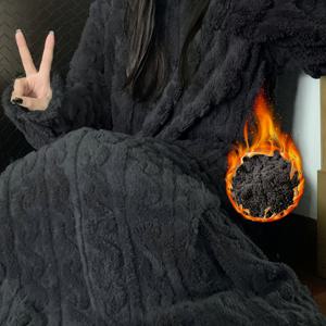 TEMU 여성용 두꺼운 플리스 세트 | 캐주얼 크루넥, 반팔, 단색, 가을/겨울 잠옷 (긴 로브 포함)