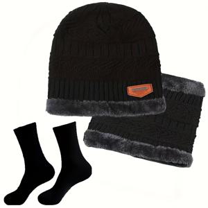 TEMU 3pcs 겨울 야외 따뜻한 뉴트럴 플리스 모자 및 스카프 세트 (양말 포함) | 남녀공용 두꺼운 따뜻한 모자, 부드러운 스카프, 추운 날씨에 이상적인 선물, 니트 원단, 폴리에스터.