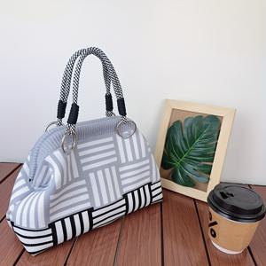 TEMU 여성용 대용량 니트 핸드백 - 블랙 & 화이트 토트백, 탈부착 가능한 크로스바디/숄더 스트랩, 손목 스트랩 & 스냅 잠금장치 - 체육관, 여행, 일상용 스포티 백 - 핸드워시 가능 파우치 (없음)