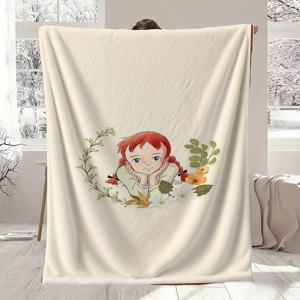 TEMU 그린 게이블스의 앤 앤 셜리 북 테마 담요 - 아이코닉한 빨간 머리와 그린 게이블스 디자인의 부드러운 플란넬 침대 스프레드, 사계절용 포근한 담요, 팬, 가정, 여행 또는 선물용