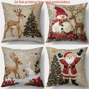 TEMU 2D 평면 프린팅 비실제 자수. 4개 세트. 새로운 레트로 크리스마스 베개커버, 순록, 트리, 눈사람, , 토끼, 눈송이, 컬러 매칭, 모임, 축제, 홈, 파티, 차량 장식용 (베개 코어 미포함). 2D 평면, 계절별 베개 커버,클래식 모티프,축제 패턴,내구성 있는 원단,세탁기 사용 가능,축제 분위기의 홈 액센트,휴일 쇼핑객,파티 플래너