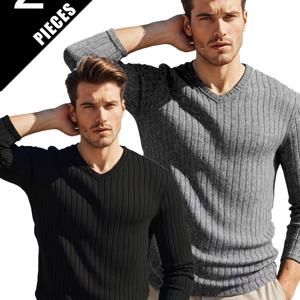 TEMU 남성용 투피스 긴팔 기본 스타일 V넥 캐주얼 티셔츠, 집 및 야외복으로 적합, 봄/가을에 적합, 모든 상황에 다용도로 활용 가능, 야외 활동에 완벽