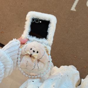 TEMU 가을, 겨울용 플러시 3D 리치 강아지 비즈 체인 손목 스트랩 폰 케이스, 삼성 Z Flip 3/4/5/6/7 플립 폰 전체 보호에 적합, 플립 폰 케이스, 플립 폰 커버