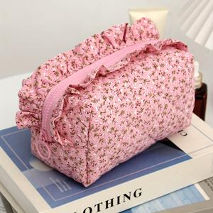 TEMU 1 로즈 크러쉬 플라워 화장품 가방 - 가벼운 폴리에스터 메이크업 정리함, 플리츠 엣지, 여성 및 남성을 위한 우아한 플로럴 디자인, 할로윈 및 크리스마스 선물로 완벽, 여행용 세면도구 보관, 메이크업 정리함 보관, 튼튼한 지퍼 잠금