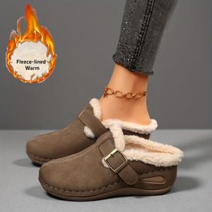 TEMU 여성용 겨울 플러시 기모 안감 슬립온 뮬 - 소프트 브라운레드/ - PU 커버 아퍼 & 아치 지지 플랫폼 힐 - 아늑한 실내/외 신발