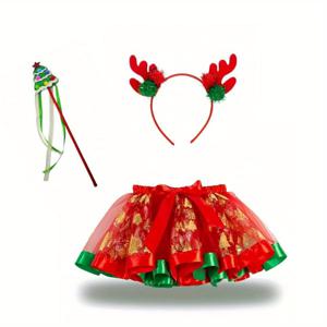 TEMU 3pcs '마르디 그라 & 크리스마스 코스튬 세트 - 반짝이는 러플 스커트와 순록 뿔 머리띠 & 마법 지팡이, 골든 글리터 드레스업, 파티, 역할극용 (귀여운 엘프/마녀 액세서리)