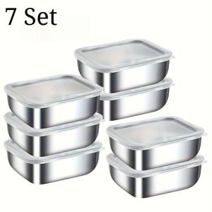 TEMU 7피스 세트 헤비듀티 스테인리스 스틸 식품 보관 용기 플라스틱 뚜껑 포함 - 쌓기 가능, 밀폐 및 누수 방지 팬트리 세트, 직사각형 식사 준비 트레이 (캠핑, 사무실, 학교, 냉동고 및 냉장고 정리용) (런치박스 호환)
