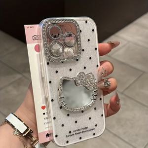 TEMU KT 고양이 메이크업 거울이 있는 물방울 무늬 디자인과 고급스러운 렌즈가 특징인 스타일리시한 휴대폰 케이스. 부활절, 할로윈, 새해, 크리스마스 선물로 완벽합니다. 친구와 가족을 위한 이상적인 선물이며, 아이폰 11 Pro Max, 12와 호환됩니다.|폰케이스|아이폰케이스|케이스
