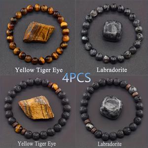 TEMU 남성용 천연 타이거 아이 스톤 비즈 팔찌 4개 세트 - 대리석 패턴 옐로우, 브라운, 블랙 & 골든, 폴리싱된 트루/페이크 조각 보석, 내구성 좋은 캐주얼 웨어, 패션 액세서리, 고품질 스톤, 스타일리시한 손목 장식, 패션 매니아