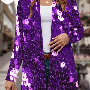 TEMU 여성용 반짝이는 시퀸 가디건 자켓 - 긴 보라색 파티 코트, 세탁기 사용 가능한 탄성 폴리에스터 , 웨딩, 프롬, 야외 나들이 및 특별한 행사용 | 우아한 전신 시퀸 프린트 (도어 힌지 라인, 별도로 필요 없음)