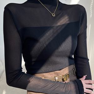 TEMU 여성 봄가을 하이넥 망사 섹시 슬림 이너티 상의 긴팔티셔츠 라인 댄스복 상의 시스루 망사 무지긴팔티 목폴라 블랙 블라우스 상의 봄 여름 가을 데일리 캐주얼 폴리에스테르 하이넥 댄스복 슬림핏 티셔츠|댄스복