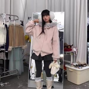 TEMU 스위트 핑크 후드 스웨터 재킷 여성용 가을/겨울 야구 유니폼 신상 두꺼운 루즈핏