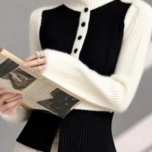 TEMU 2025년 라지 스타일 대비색 터틀넥 따뜻한 긴팔 스웨터 봄/여름 신상 부드러운 왁스감의 편안한 상의