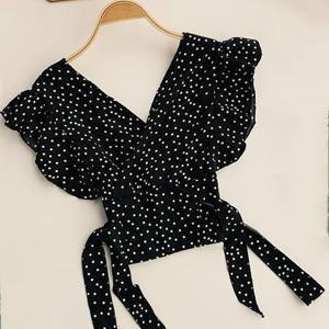 TEMU 여성 여름 브이넥 민소매 블라우스 데일리 캐주얼 패션 도트 소매 프릴 디자인 허리 스트링 리본 디자인 엘레강스 촉감이 부드럽다 시원하고 편하게 입으실 수 있어요 슬림소녀