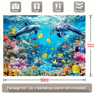 TEMU 1pc 대서양 해양 세계 테이프스트리 - 돌고래, 물고기, 산호초를 포함한 생동감 있는 해양 생명 디자인으로 집 장식, 파티, 이벤트에 적합한 폴리에스터 소재, 39x59/51.18x59/70.8x90.5 인치, 파티 배경 | 생동감 있는 벽화 | 내구성 있는 장식, 해양 장식