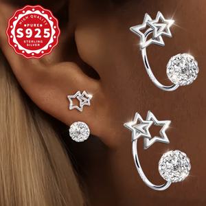 TEMU S925 순은색, 여성용 빈한 이중 별 원형 볼 스크루 귀걸이 핀, 블링 블링 스크루 버클 디자인, 가벼운 럭셔리, 귀여운, 일상 착용에 적합, 여성에게 최고의 선물, 저 알러지