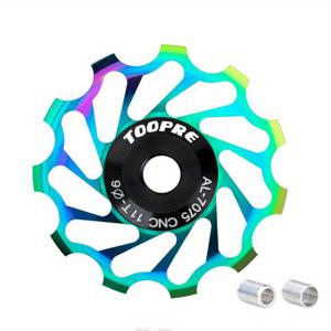 TEMU TOOPRE 11T 자전거 후방 디레일러 풀리 - 알루미늄 합금 및 베어링, 스무스 시프팅을 위한 CNC 가공 디자인의 자동 윤활 체인 텐션 가이드 휠 (블랙/레드/블루/골든), 전송 효율성 | 경량 설계 | 내구성 있는 구조