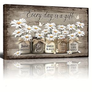 TEMU [2D 플랫] 나무 프레임이 있는 러스틱 벽걸이 예술 작품 1개. 데이지와 나비가 보입니다. 이 빈티지 플로럴 캔버스는 침실, 거실, 욕실 및 사무실을 위한 영감을 주는 장식으로 사용됩니다. 프레임이 있는 홈 데코 아이템입니다.