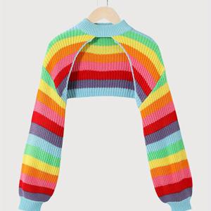 TEMU 우아한 방향성 무지개 줄무늬 라운드 넥 풀오버 긴팔 여성용 크롭 가디건, 봄과 가을용