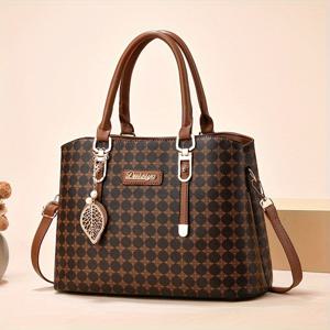 TEMU 코코지기 여성 빈티지 체크 토트백 - 조절 가능한 숄더 스트랩, 넉넉한 PVC 핸드백 지퍼 클로저, 블랙 우아한 출근용 가방 & 캐주얼 아웃팅, 메탈릭 리프 참 장식 | 폴리에스터 안감, 핸드백