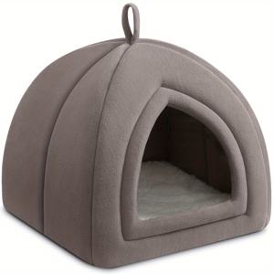TEMU 고양이와 소동물용 1팩 변환식 펫 침대, 부드러운 폴리에스터 섬유 고양이 집, 실내 아늑한 새끼 고양이 오두막, 토끼 및 소동물에 적합 - 회색