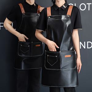TEMU 다양한 포켓이 있는 조절 가능한 PU 합성 인조 가죽 앞치마 - 가정 요리 및 주방 청소에 이상적, 갈색 스트랩 디테일링이 있는 검정색, 주방 앞치마|조절 가능한 스트랩 앞치마|내구성 있는 앞치마