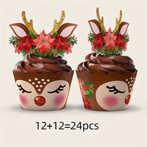 TEMU 축제 분위기의 크리스마스 컵케이크 토퍼 및 라이너 - 24개입 - 종이 재질 - 식품 접촉에 안전 - 크리스마스, 새해, 발렌타인데이, 파티 행사용 파티 및 베이킹 장식에 적합