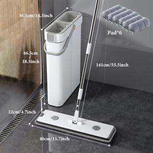 TEMU 무인용 플랫 모프와 바구니 세트, 6개의 패드가 있는 다기능 모프, 수동 드라이어, 이중 습식/건식 사용, 전기 필요 없음, 타일, 대리석, 목재, 바닥, 벽, 유리, 거실, 침실, 욕실, 주방, 카펫을 위한 쉬운 청소|물걸레청소기