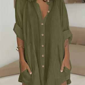 TEMU 플러스 사이즈, 여성 캐주얼 커뮤터 스타일 루즈 싱글 브레스트 대형 포켓 셔츠 드레스