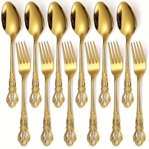 TEMU 12피스 빈티지 로열 스타일 칼 놓는 세트 - 고품질 스테인리스 스틸 디저트 포크, 스푼, 커피 스푼, 케이크 포크, 과일 포크, 저어주는 스푼, 스푼 - 가정, 주방, 식사, 데이, 어머니의 날, 여름 파티, 다양한 경우에 적합한 우아한 은식기 - 거울 광택, 식기 세척기 안전