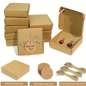 TEMU 크라프트 종이 보석 선물 상자 세트 (끈 및 태그 포함) - /50개, 목걸이, 귀걸이, 반지, 팔찌 진열 포장 및 용품을 위한 튼튼한 포장 상자