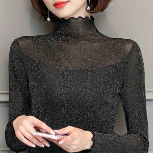 TEMU 골드 & 실버 실 장식 러플 하프 하이넥 메쉬 안감 셔츠, 여성용 가을 긴팔 코리안 스타일 레이스 탑 신상품