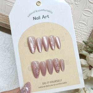 TEMU 10개 세트의 아몬드 모양의 중간 길이 프레스온 네일, 핑크 누드 그라데이션 및 꽃 디자인, 꽃 패턴 글로시 핏 네일 키트 | 신부 네일 | 결혼식 네일