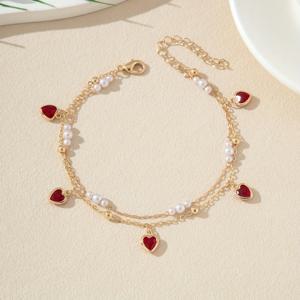 TEMU 인조 보석과 하트 장식이 달린 우아한 이중 레이어 앵클 브레이슬릿 1개, 심플한 휴가 스타일, 유리 인레이가 있는 철제 제작, 일상 및 파티 착용에 다재다능, 여성을 위한 올 시즌 액세서리