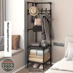 TEMU 조립 필요 없는 3단 스테인리스 스틸 마감 프리스탠딩 코트 랙 - 현관, 침실, 옷장용 공간 절약형 멀티 기능 정리대, 후크 및 선반 포함, 검정색, 세련된 화이트 마감, 견고한 구조