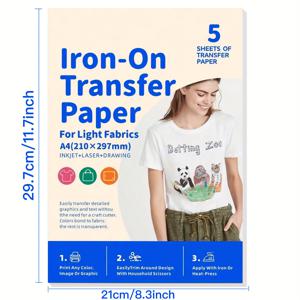 TEMU 다림질로 붙이는 열전사 종이 - 밝은 원단용 - 5장 A4 크기, 쉬운 절단 및 제초, DIY 티셔츠 및 섬유용 내구성, 잉크젯 프린터 및 열 프레스와 호환 가능
