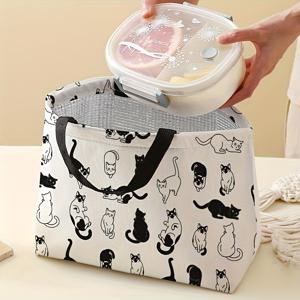 TEMU 블랙 앤 화이트 꽃무늬 고양이 프린트 점심 가방, 여성용 보온 점심 가방, 남성용 점심 상자 용기, 재사용 가능, 사무실, 직장, 음식 접촉 없음, 해변 또는 여행용으로 사용할 수 있는 두께가 있는 프린트 보온 점심 가방.