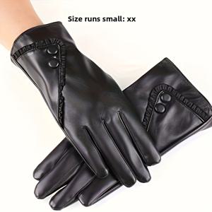 TEMU 여성용 겨울 장갑 1 켤레, 터치스크린 호환, 인조 가죽, 니트 신축성있는, 따뜻한 안감, PU 가죽 및 폴리에스테르, 야외 운전 장갑, 검정색