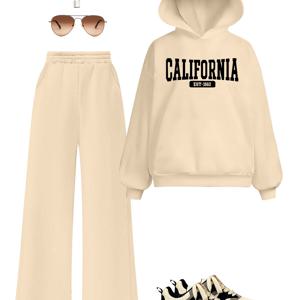 TEMU 알파벳 2피스 여아 캐주얼 프린트 후드 스웨트셔츠와 와이드 레그 팬츠 세트, 귀여운 가벼운 편안한 가을 의상, 일상복, 트렌디 키즈 패션, 소프트 원단, 내구성 있는 스티칭, 매칭 세트, 학교생 소녀용, 야외 활동에 적합