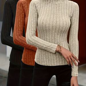 TEMU 3피스 여성용 우아한 슬림핏 하이넥 긴팔 티셔츠 - 단색 리브드 탑, 세탁기 및 드라이클리닝 가능, 사계절 캐주얼 & 정장용 적당한 신축성, 다용도 의류, 중간 탄력