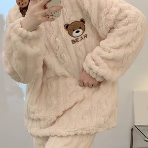 TEMU 겨울용 플란넬 여성 라운지웨어 세트, 부드러운 안감이 있는 따뜻한 긴팔 및 바지 라운드 넥 풀오버 코랄 벨벳 성인 잠옷