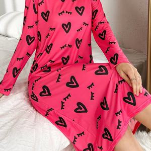 TEMU 1pc 우아한 하트 & 눈썹 프린트 긴 소매 여성용 잠옷 드레스, 폴리에스테르 니트 나이트가운, 라운드 넥 풀오버, 직선 하hem, 봄/여름/가을에 적합, 성인 - 이상적인 선물