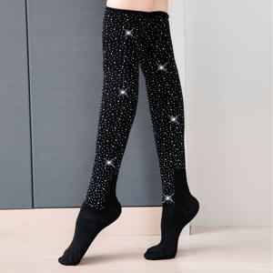 TEMU 1쌍 여성용 플러스 사이즈 라인스톤 장식 무릎 양말 - 반짝이는 우아한 댄스 & 나이트클럽 양말, 손세탁 전용, 파티 및 공연을 위한 솔리드 컬러 패션 , 노벨티 양말, 파티 액세서리, 라인스톤 장식